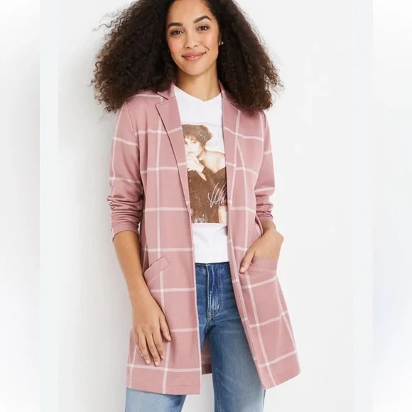 Maurices Pink Windowpane Blazer sweater cardigan top blouse shirt XS - Picture 2 of 9
